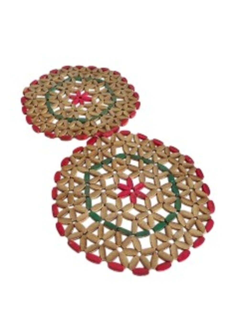 1970s Wood Bead Hot Plate Trivets Natural Colourful Set of 2 Bohemian